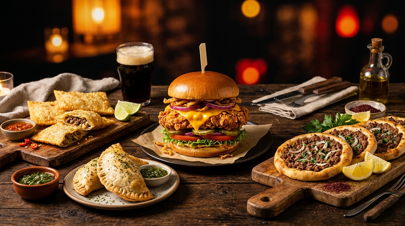Composición ilustrativa de hamburguesa, empanadas, pastéis y esfihas sobre una mesa cálida.
