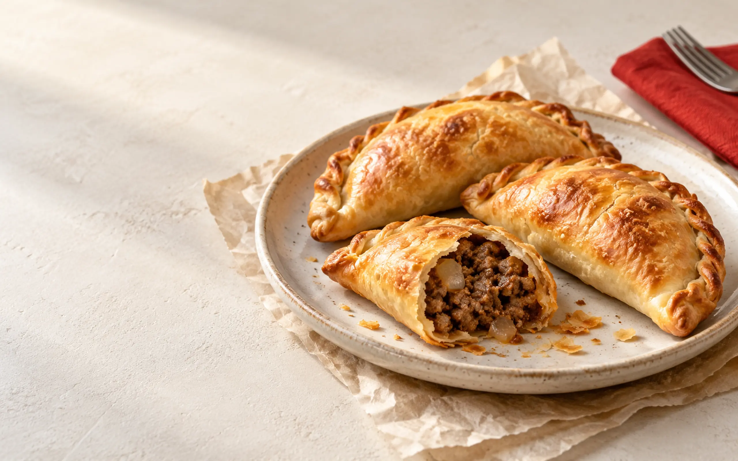 Imagem ilustrativa de empanadas douradas em um prato de cerâmica, com uma aberta mostrando o recheio.