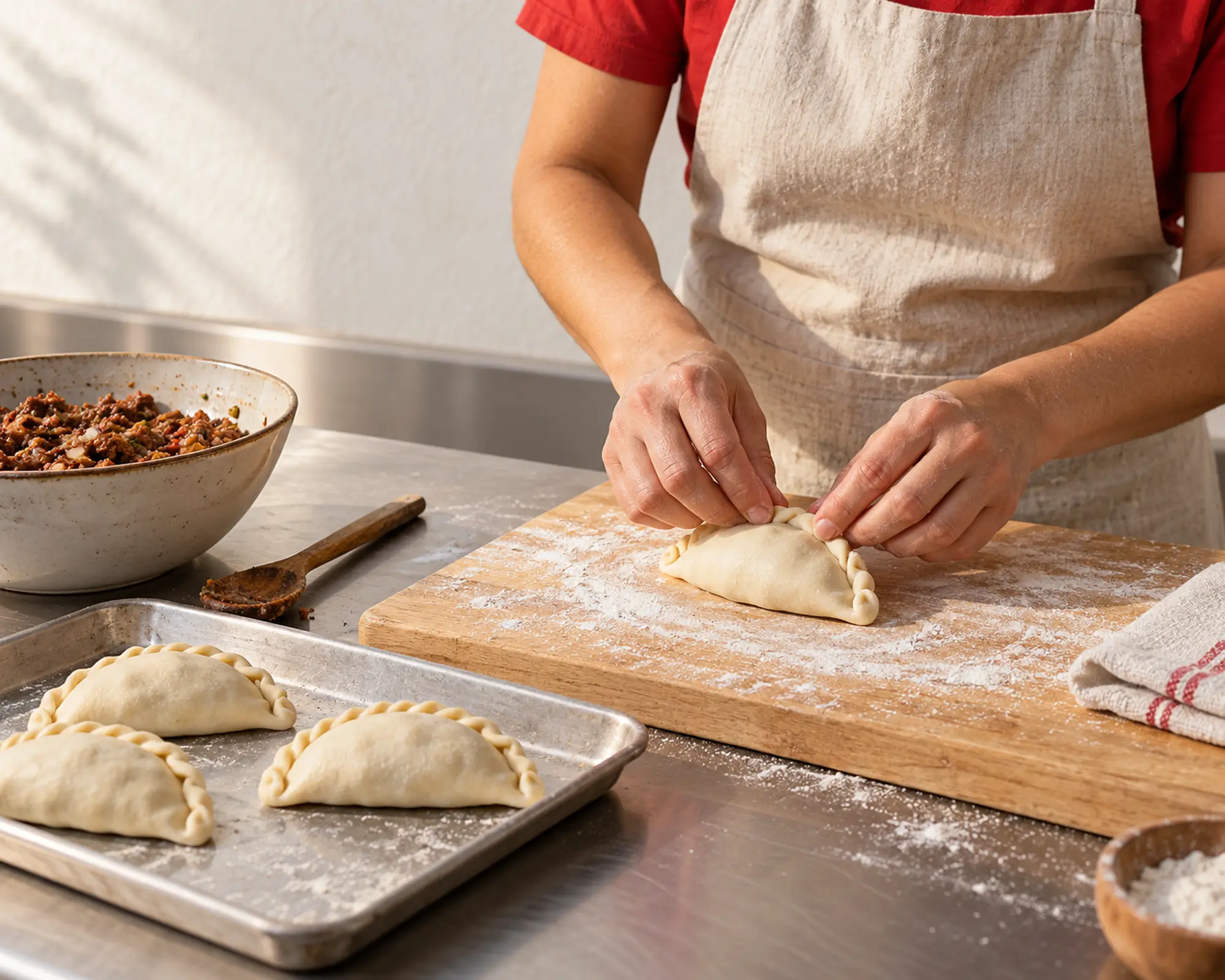 Imagem ilustrativa de mãos fechando uma empanada em uma cozinha.